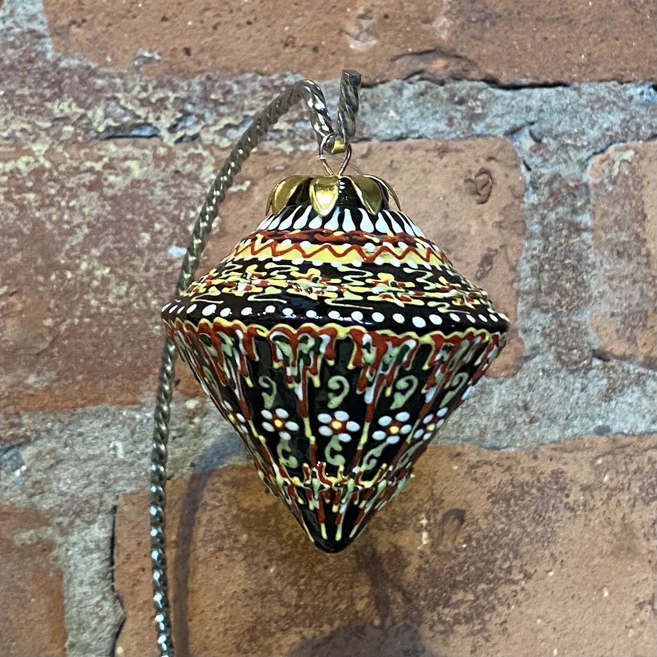 Heritage Ornament Brown w/ Red, Yellow &amp; White Floral Filigree Diamond Ceramic