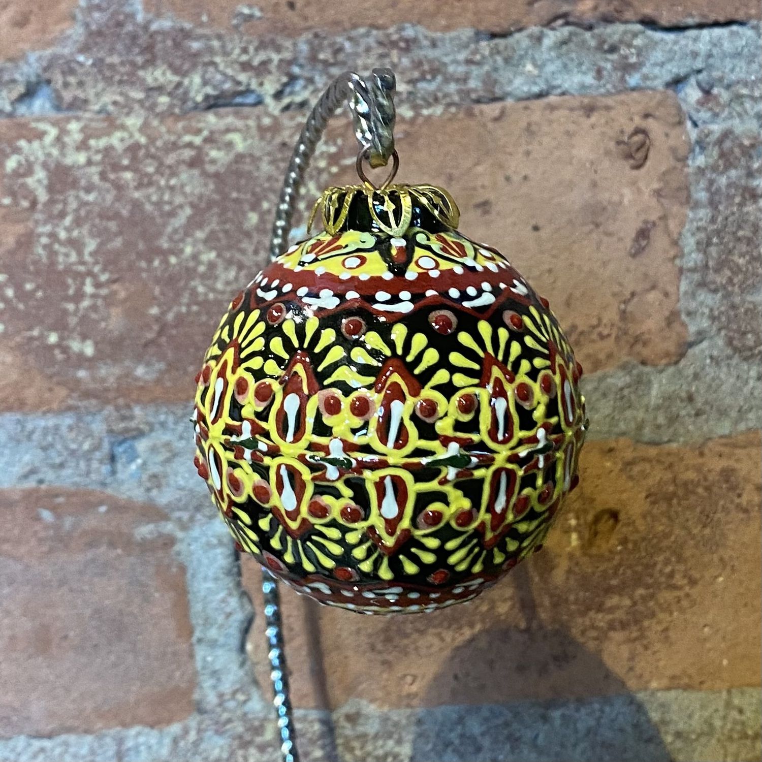 Heritage Ornament Red &amp; Yellow Geometric Small Sphere Ceramic