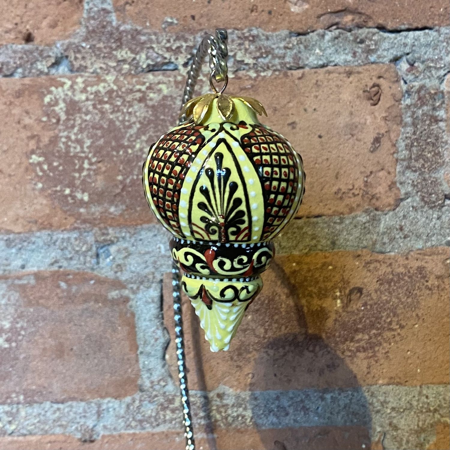 Heritage Ornament Red, White &amp; Black Filigree on Yellow Small Drop Ceramic