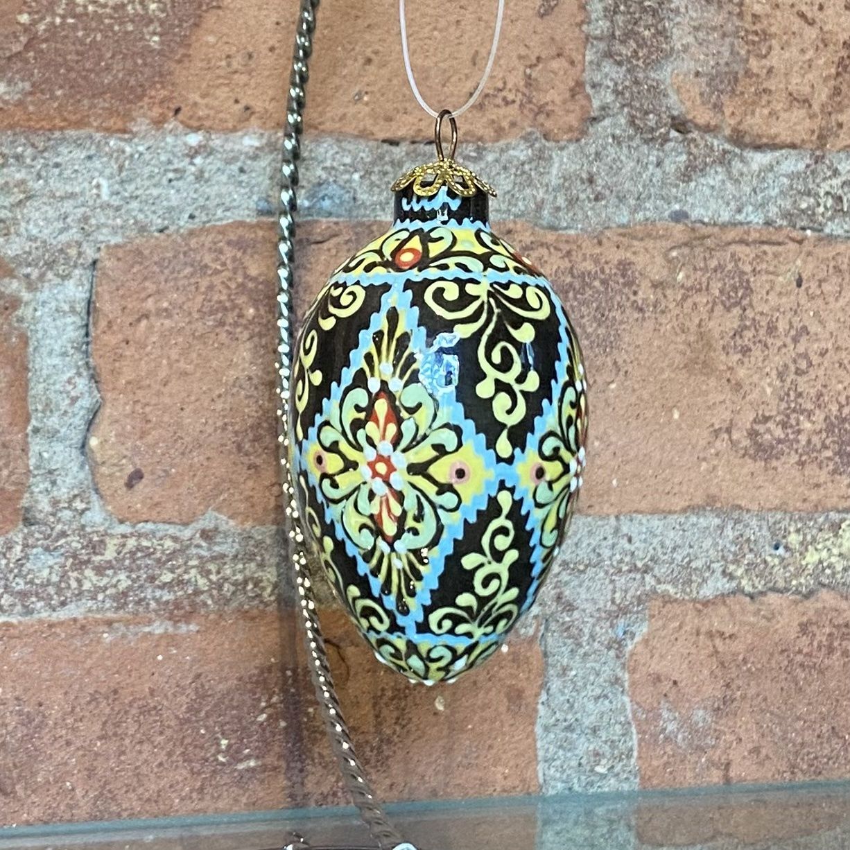 Heritage Ornament Blue &amp; Yellow Diamonds on Brown Egg Ceramic
