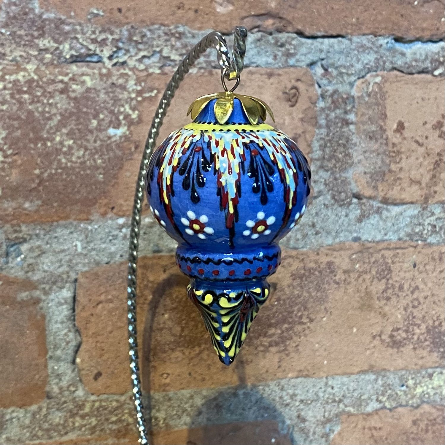Heritage Ornament Multi-Color Drips w/ White Flowers on Blue Small Drop Ceramic