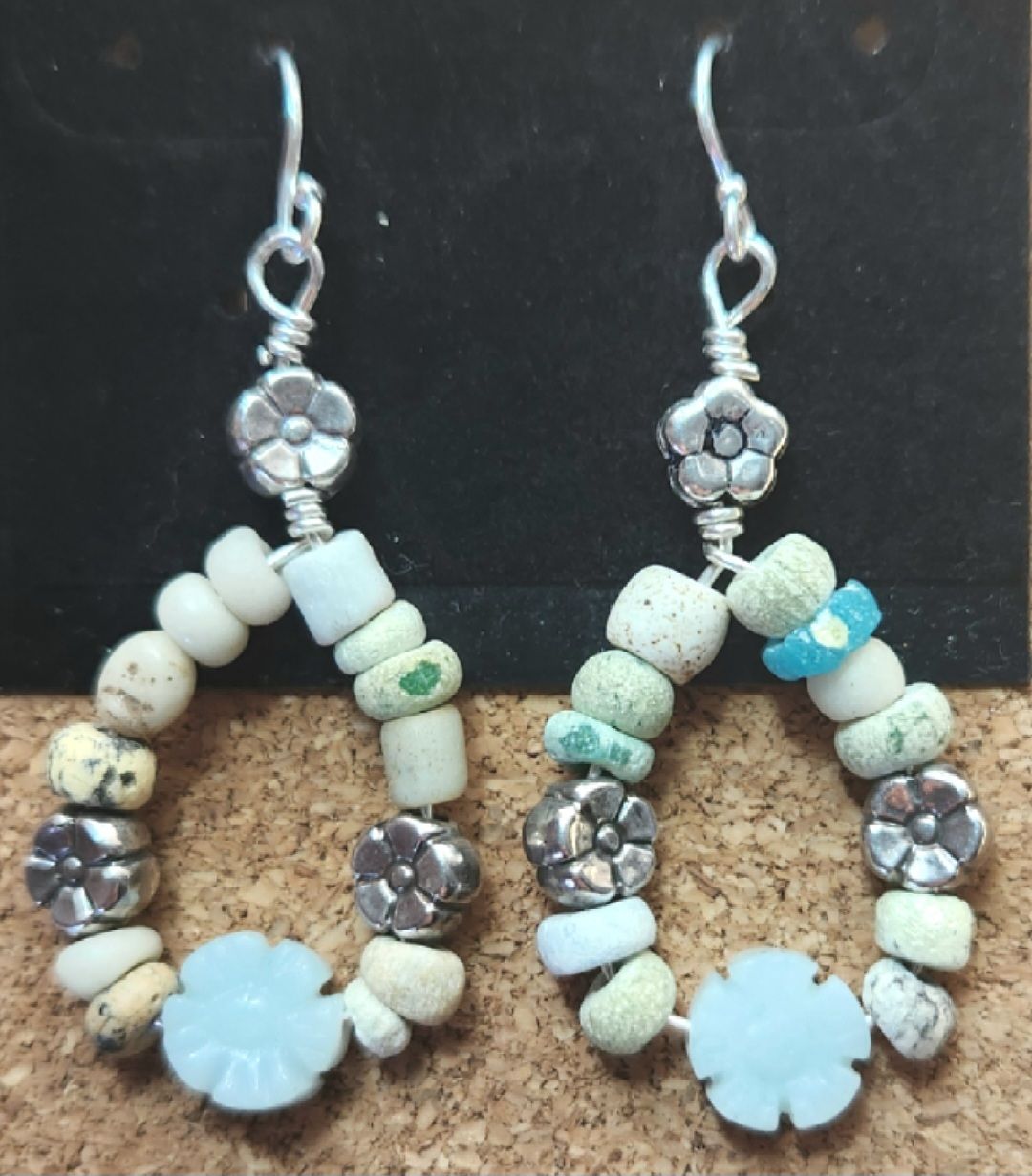 Bourie Earring Ancient Mali Bead Hoop w/ Aquamarine &amp; Sterling Silver Flowers