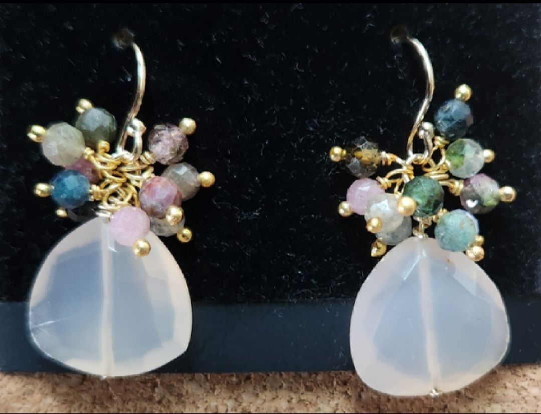 Bourie Earring Rose Quartz Briolette w/ Tourmaline on 14k Gold Fill Wire