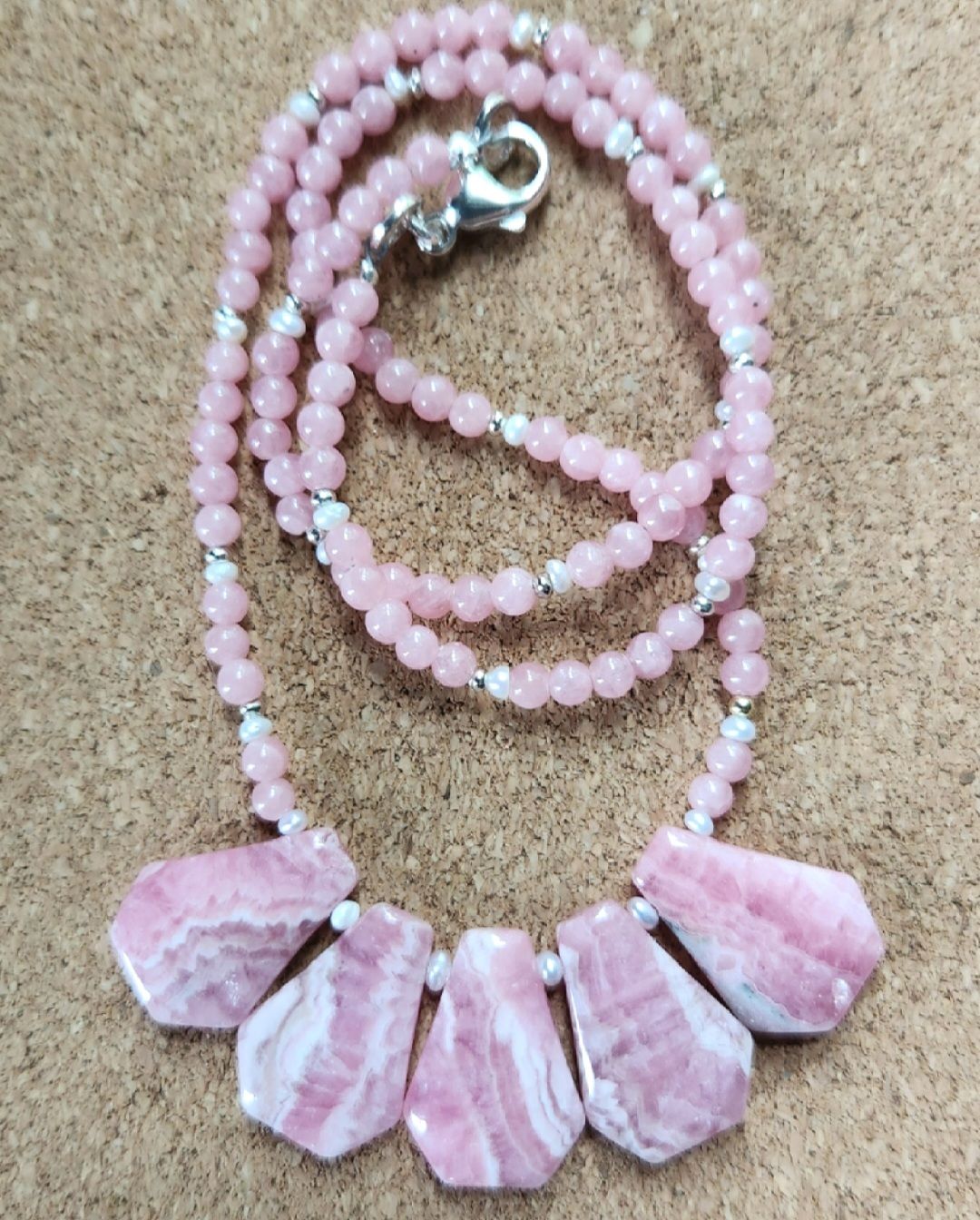 Bourie Necklace Faceted Rhodochrosite w/ Freshwater Pearls
