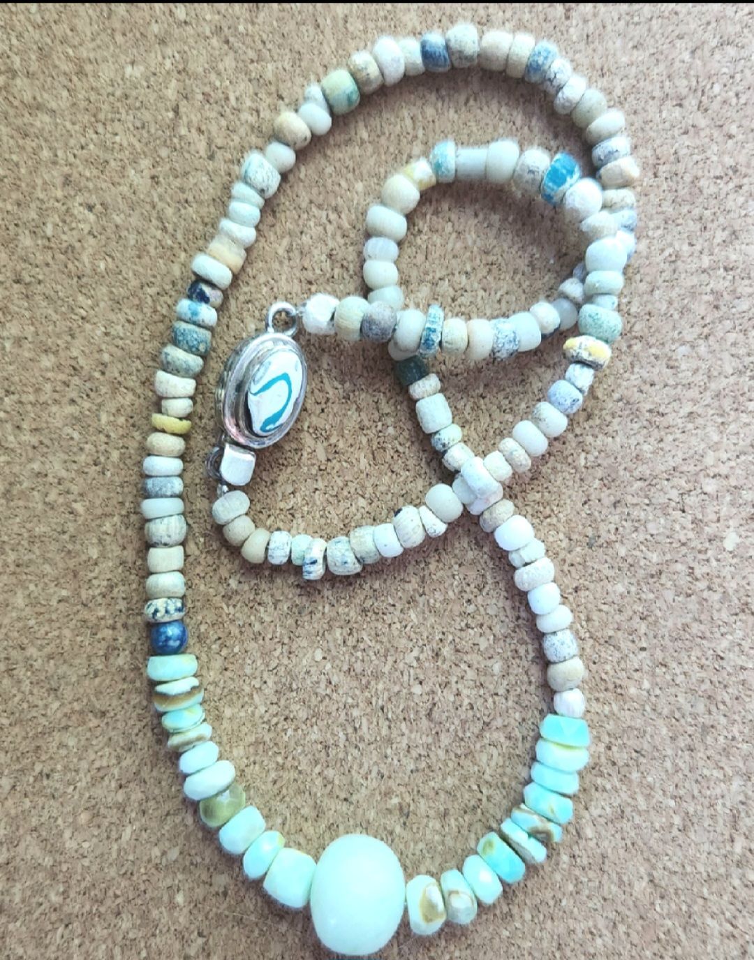 Bourie Necklace Peruvian Opal &amp; Ancient Mali Dig Beads w/ Fordite Clasp