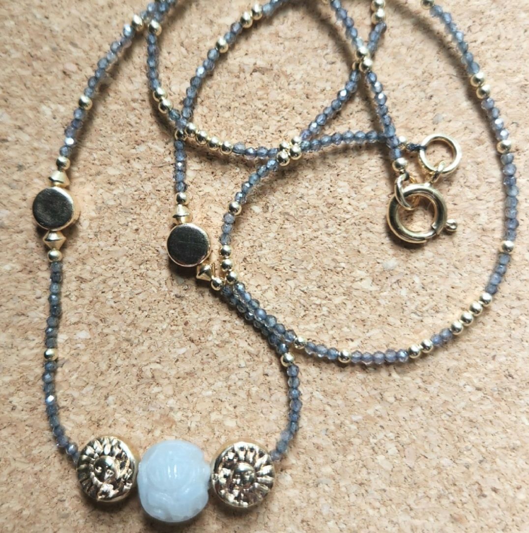 Bourie Necklace Carved Blue Jade w/ 14k Gold Fill Beads &amp; Sapphire