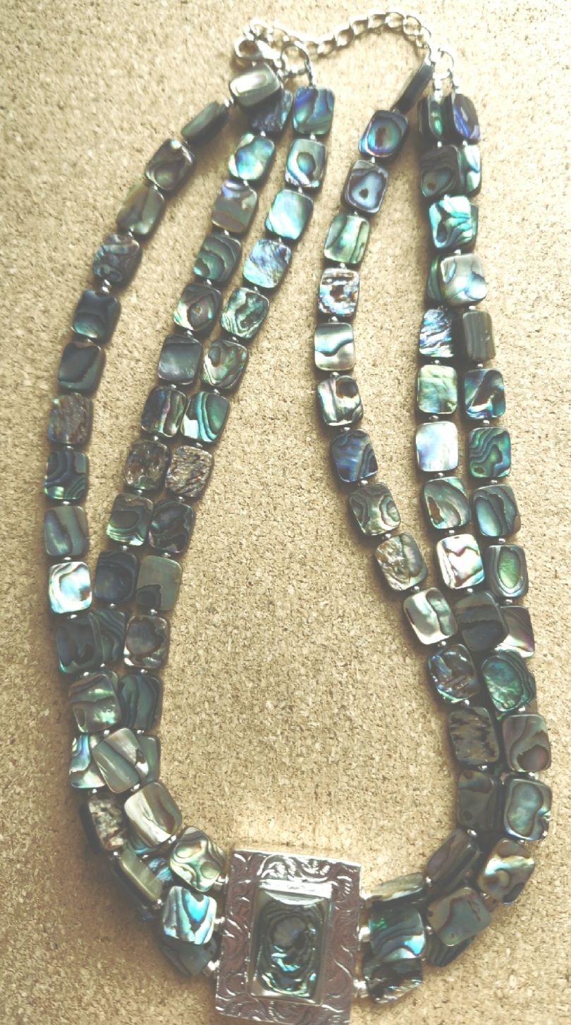 Bourie Necklace Triple Strand Abalone Rectangle w/ Sterling Silver Scroll Abalone Centerpiece