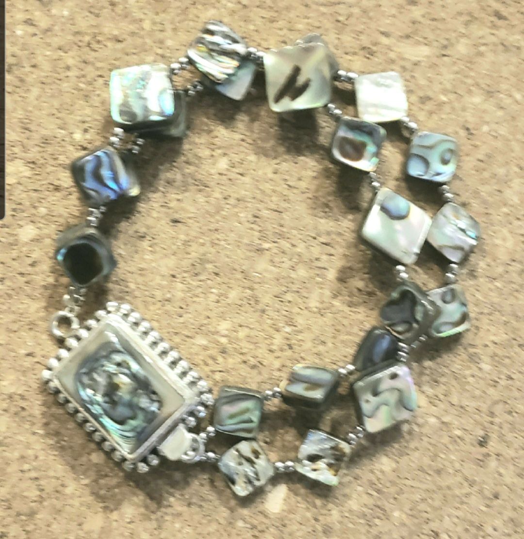 Bourie Bracelet Diamond Shaped Abalone Beads w/ Abalone &amp; Hill Tribe Sterling Silver Casp