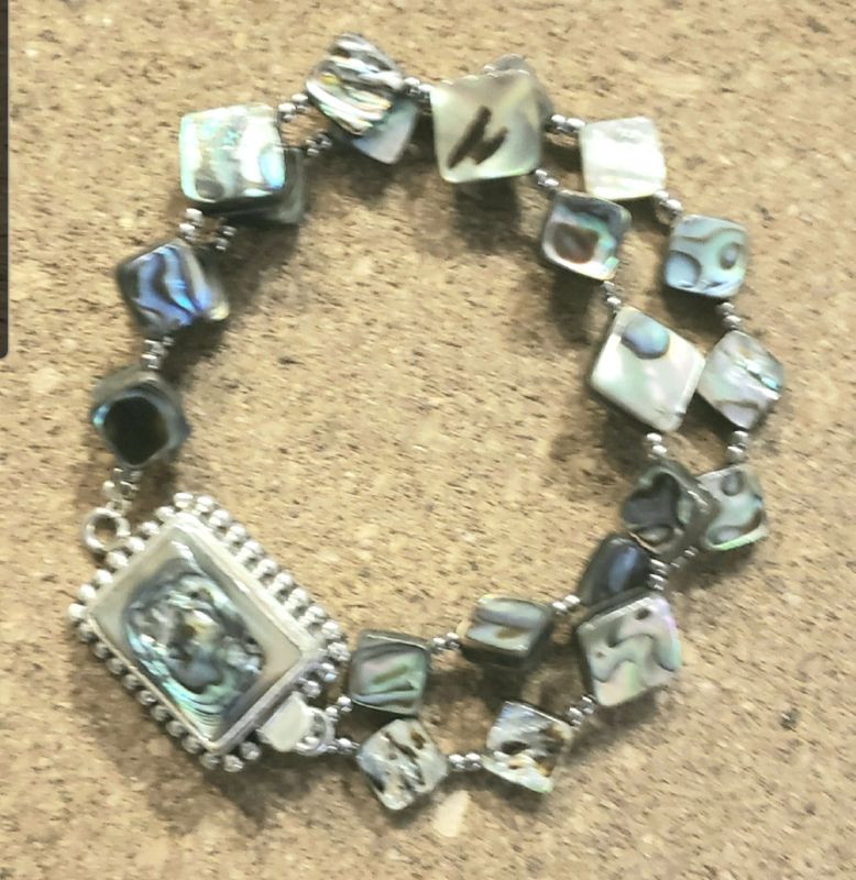 Bourie Bracelet Diamond Shaped Abalone Beads w/ Abalone &amp; Hill Tribe Sterling Silver Casp