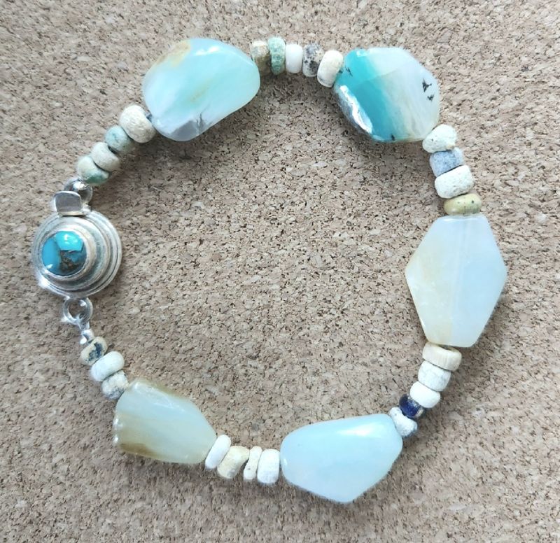 Bourie Bracelet Peruvian Opal &amp; Ancient Mali Dig Beads w/ Turquoise Clasp