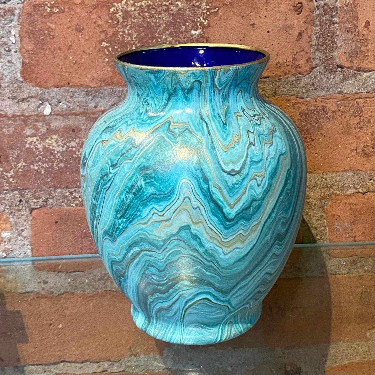 Stevenson Vase Light Green &amp; Gold w/ Cobalt Interior 6.25"