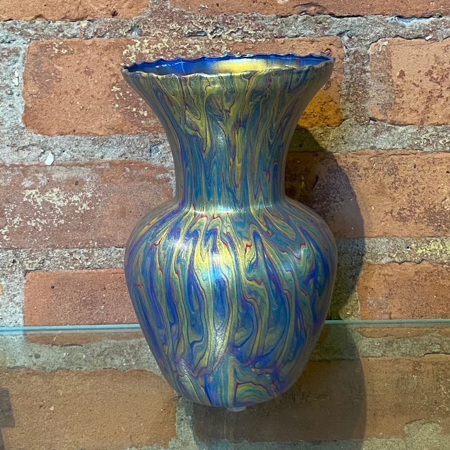 Stevenson Vase Light Blue, Green &amp; Gold w/ Ruffled Rim 7"