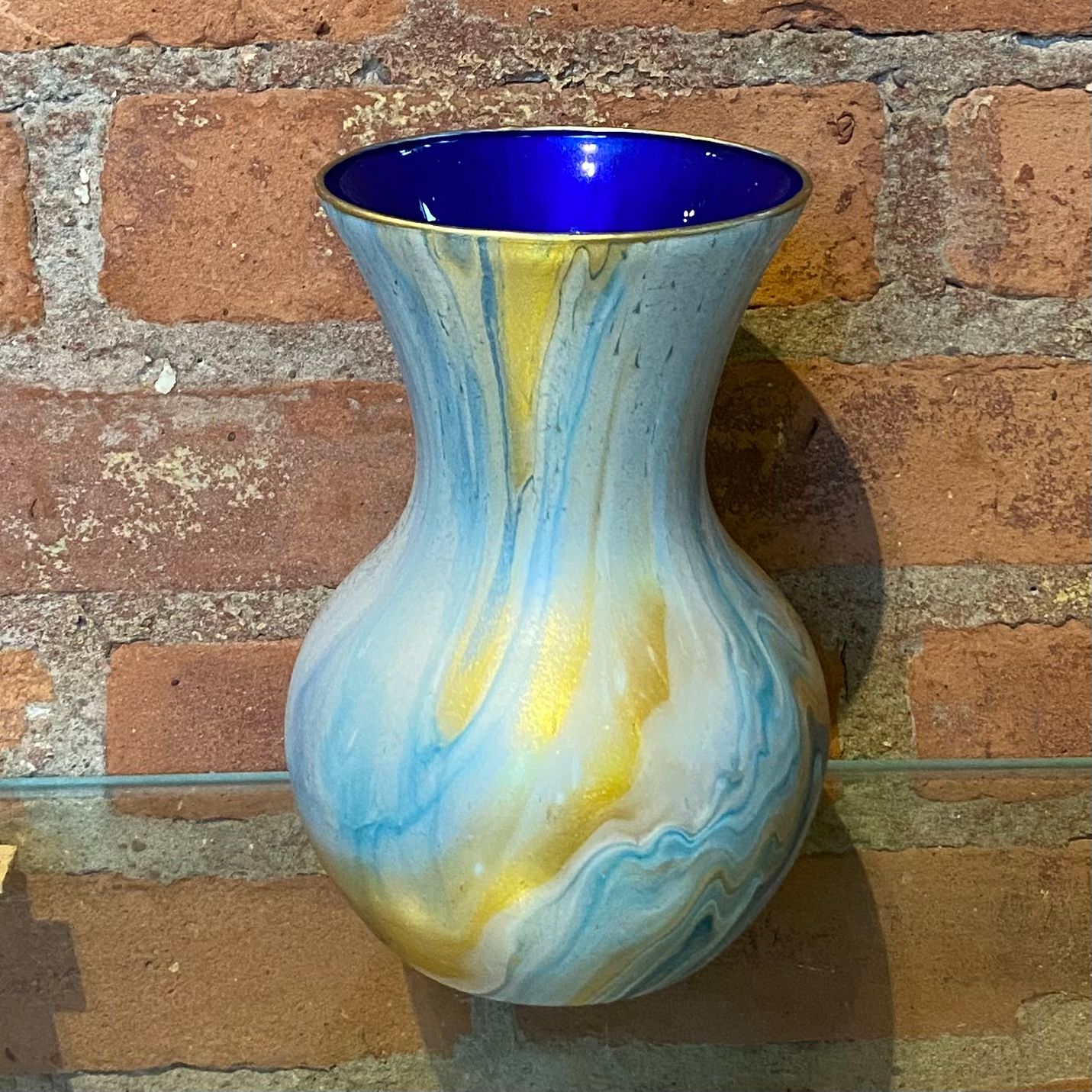 Stevenson Vase White, Gold &amp; Green w/ Cobalt Interior 7"