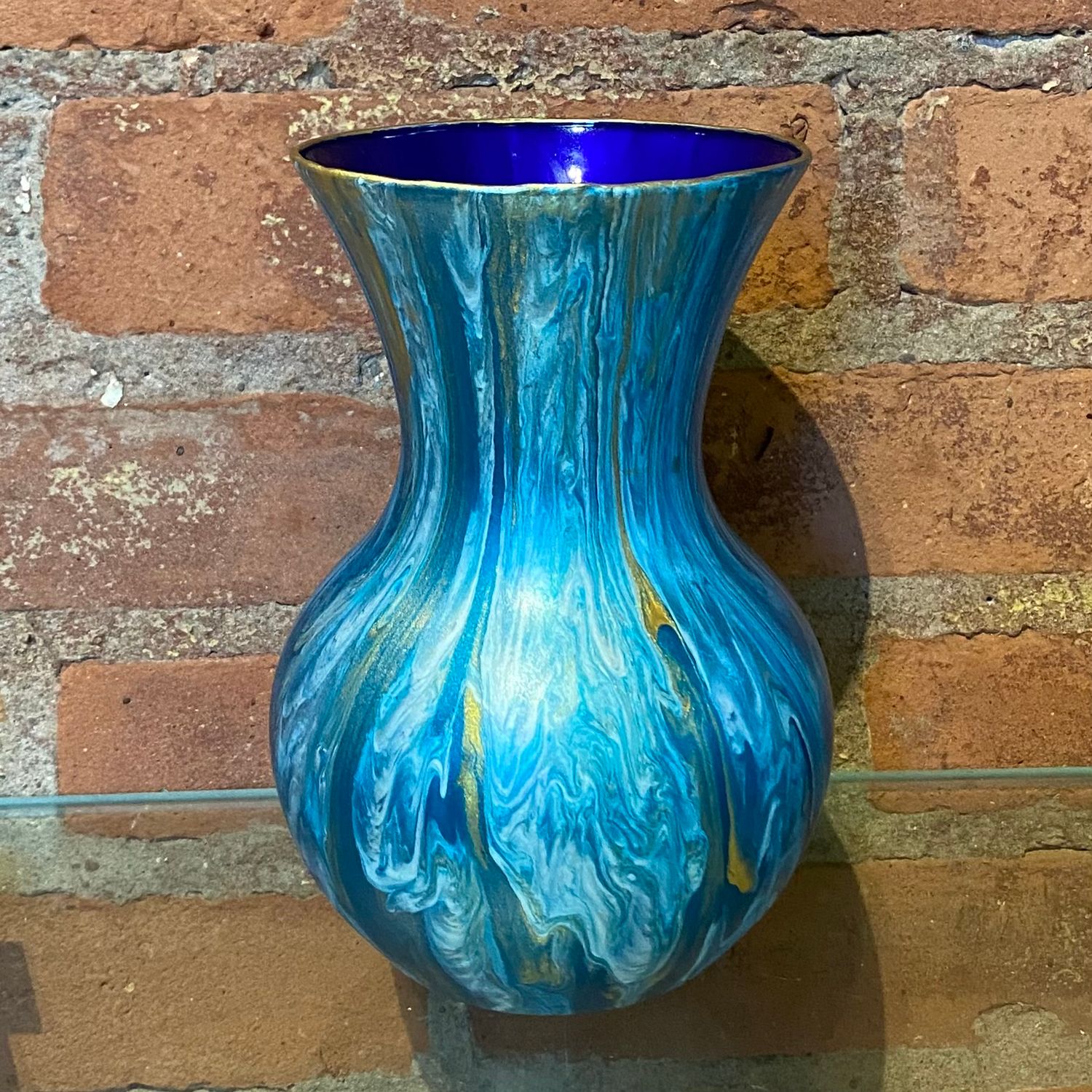 Stevenson Vase Blue, Gold &amp; White w/ Cobalt Inyerior 7.25"