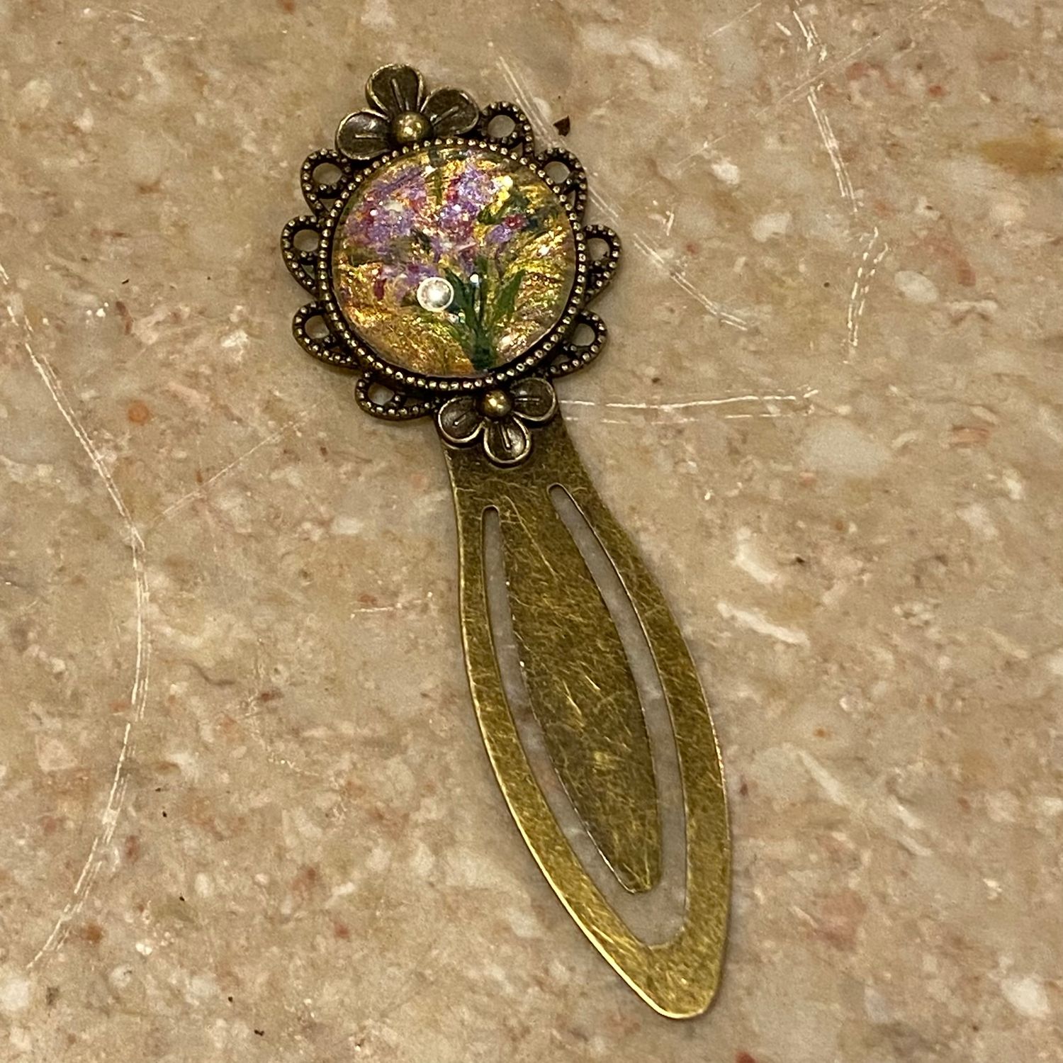 Stevenson Bookmark Purple Flowers w/ Gold Background