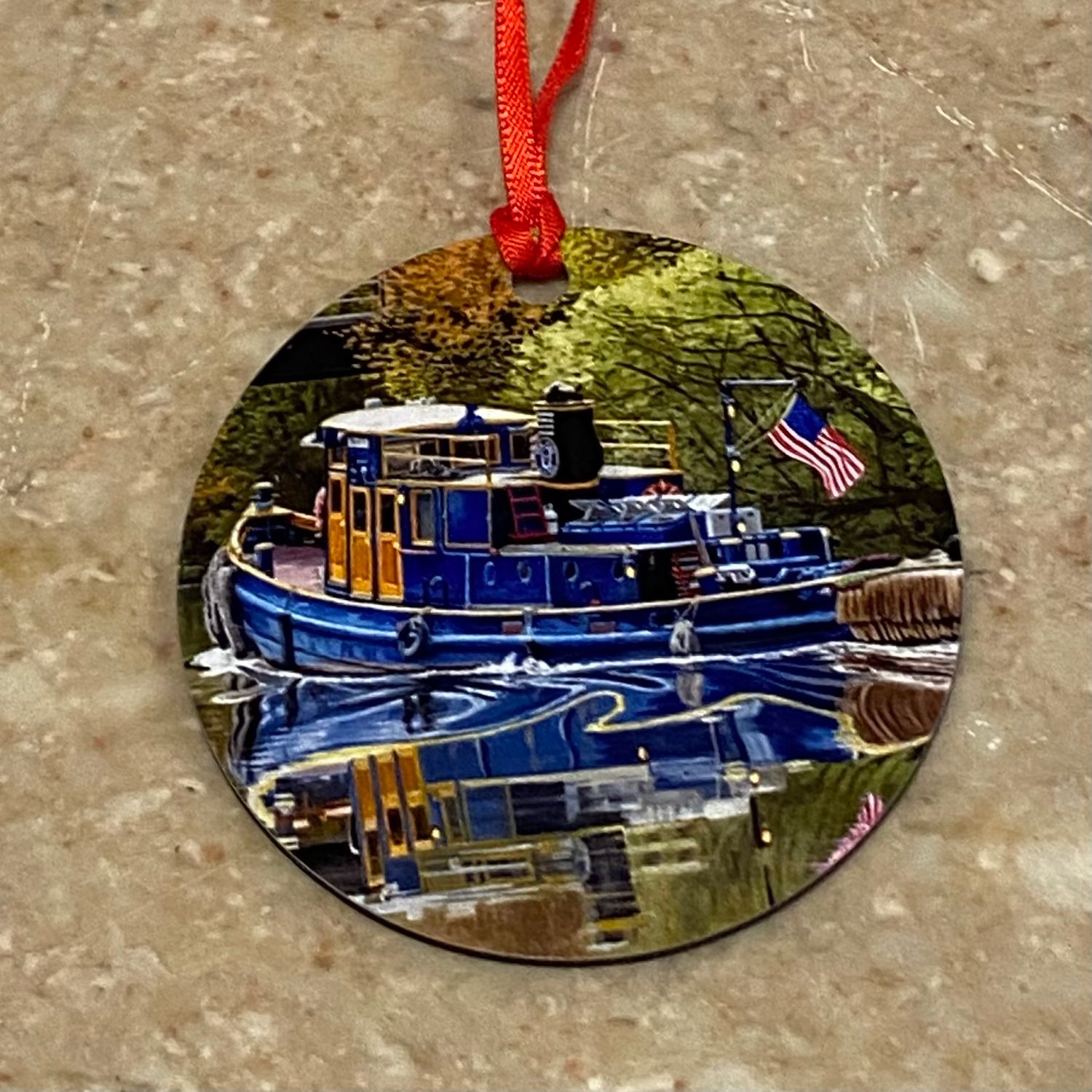Finewood Ornament Blue Boat on Erie Canal