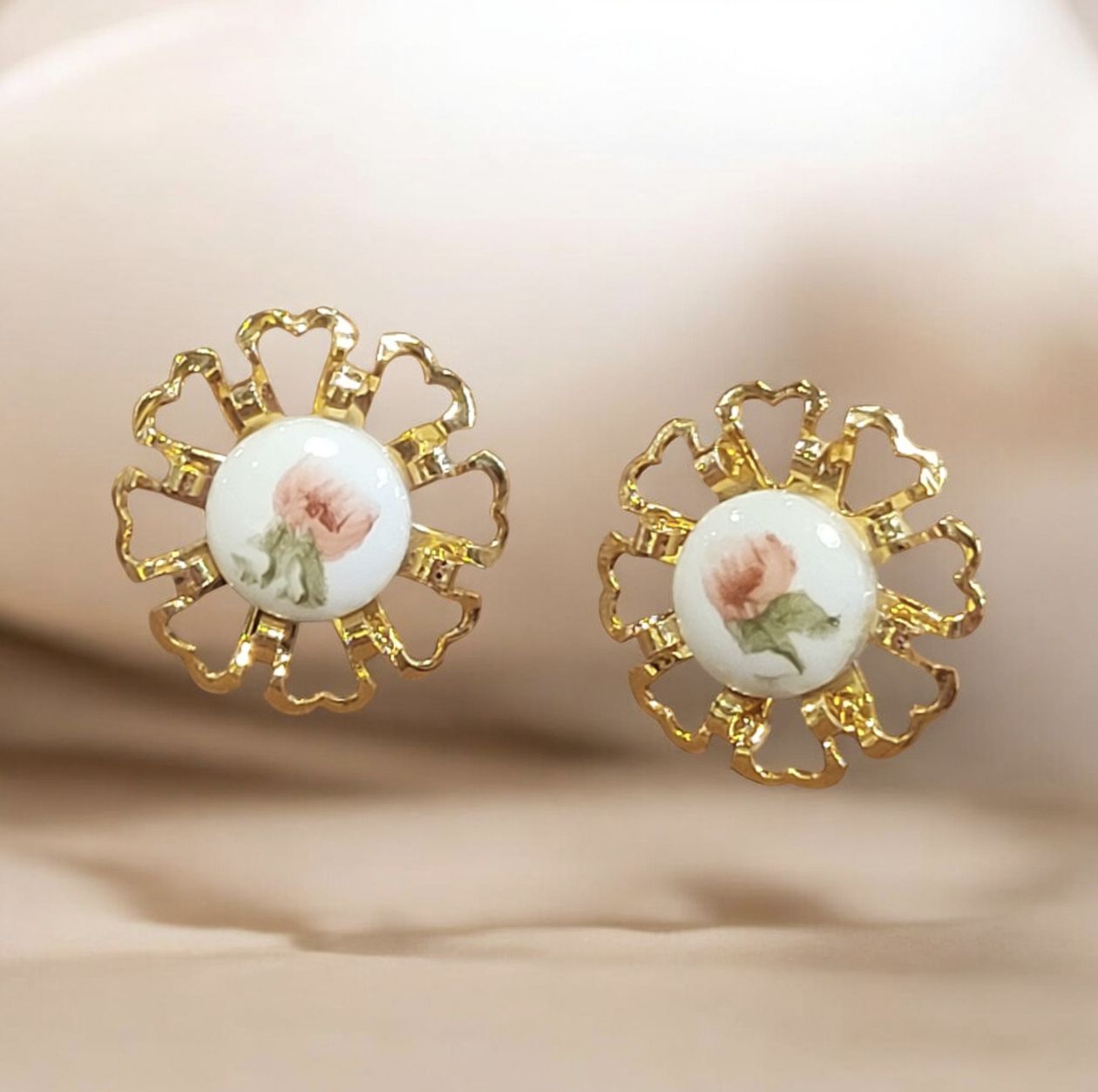 Ritz Porcelain Flower Hand Painted Earrings Gold