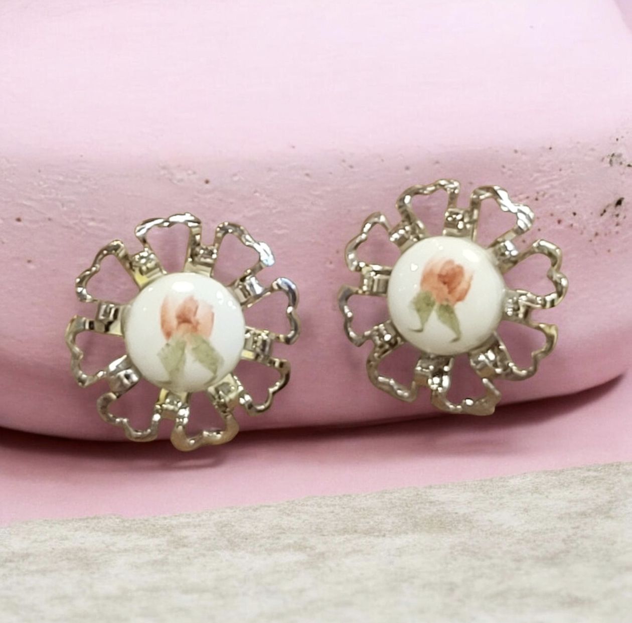 Ritz Porcelain Flower Hand Painted Earrings Silver