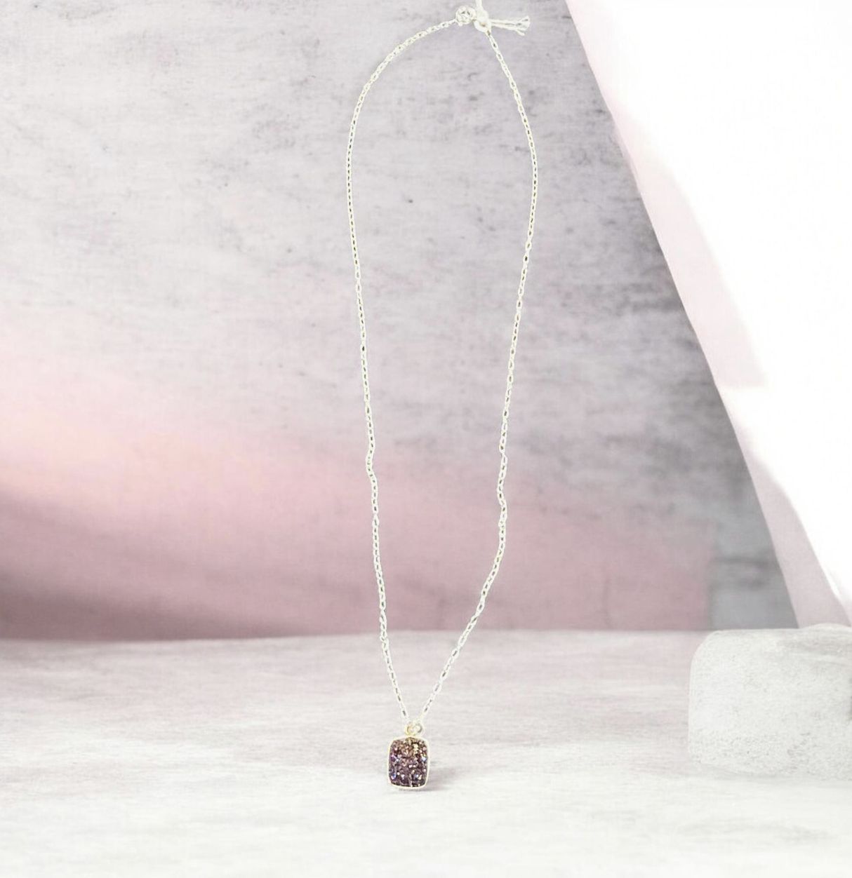 Trueworthy Necklace Purple Square Druze on Sterling Silver Chain