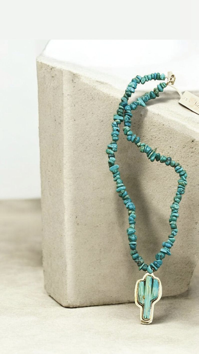 Trueworthy Necklace Turquoise Chunks with Sterling Silver Turquoise Cactus Pendent