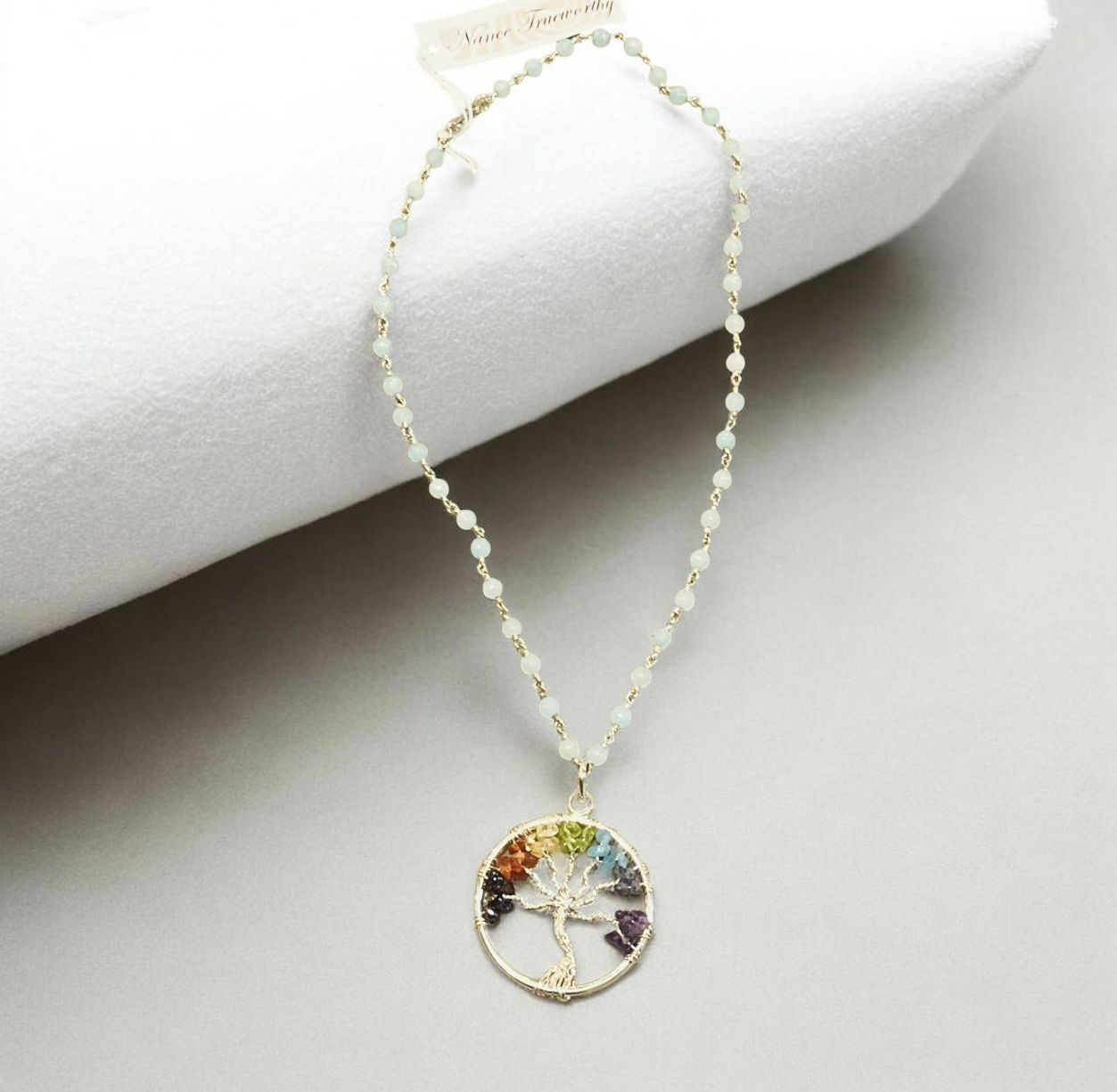 Trueworthy Necklace Aqua Jade Rosary Style Chain with Serling SIlver Tree Of Life Pendant