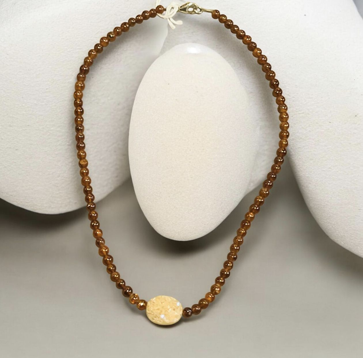Trueworthy Necklace Round Hessonite Garnets with Natural Peach Druzy