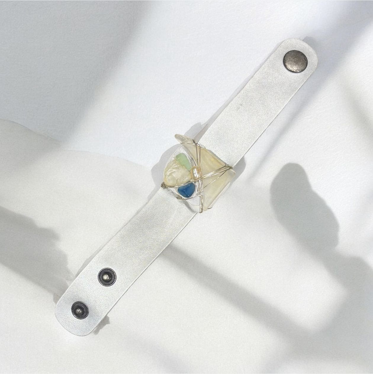 Cape Ann Bracelet Leather and Sea Glass Silver Band