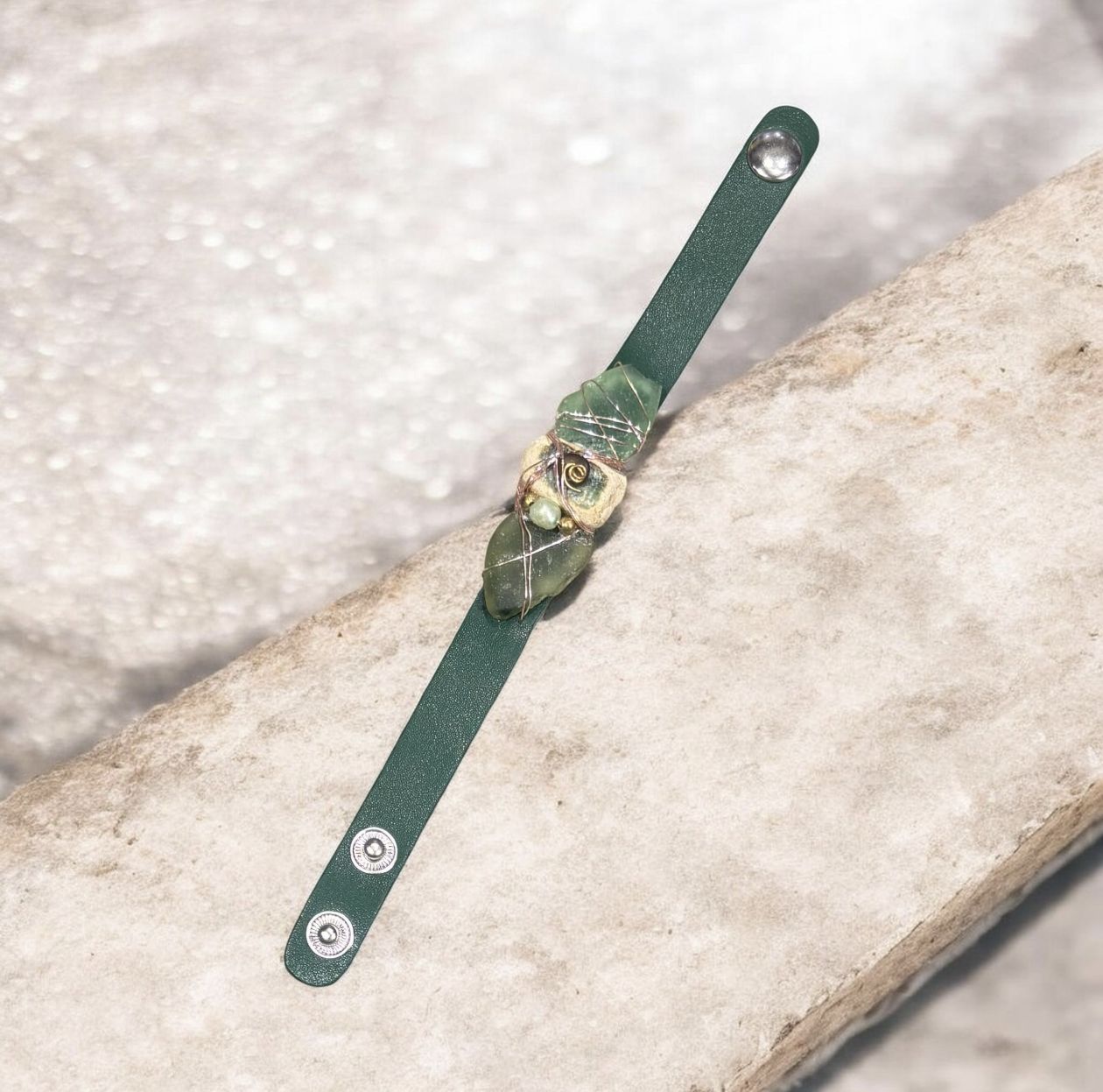 Cape Ann Bracelet Leather and Sea Glass Green Band