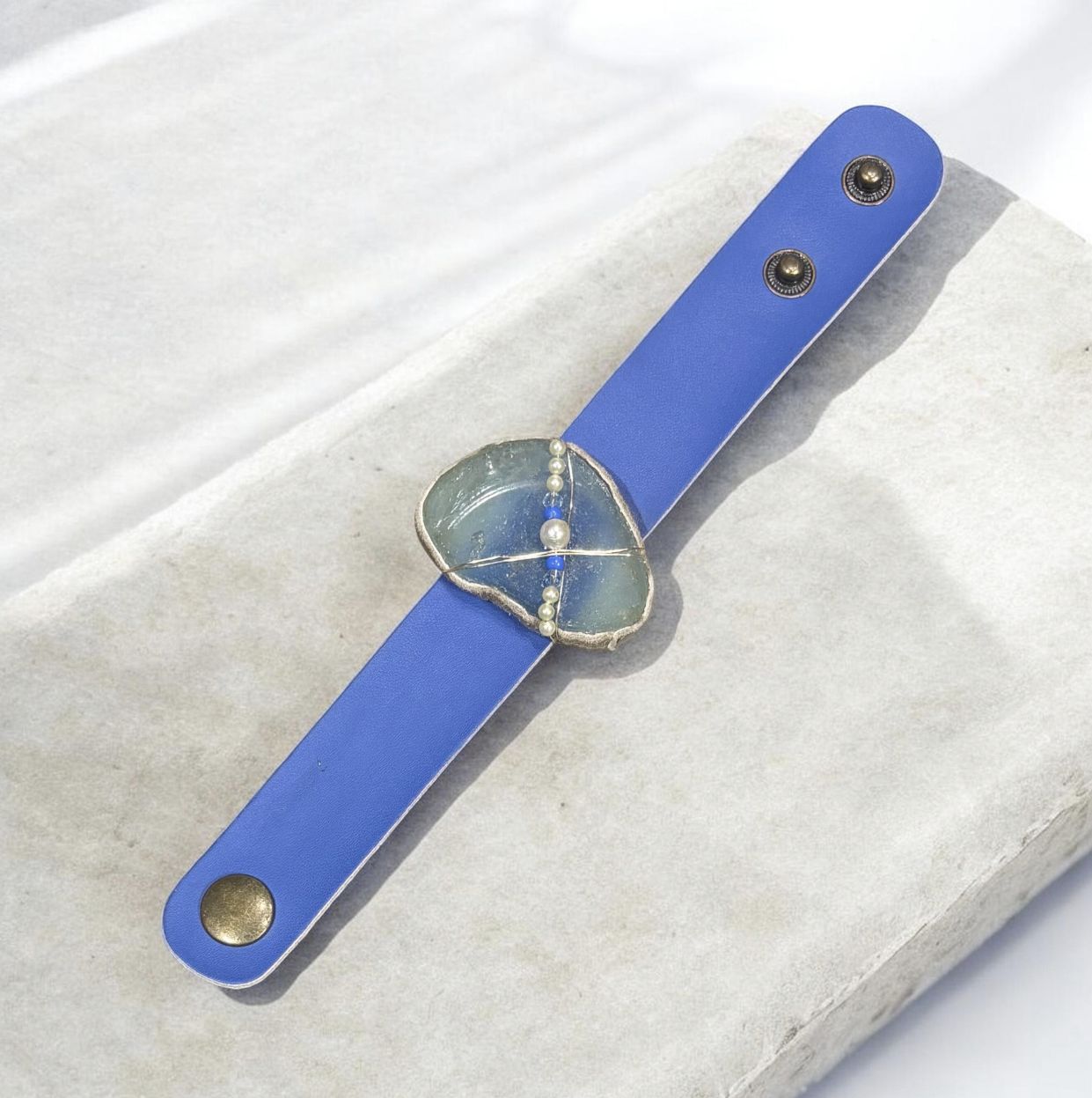Cape Ann Bracelet Leather and Sea Glass Blue Band