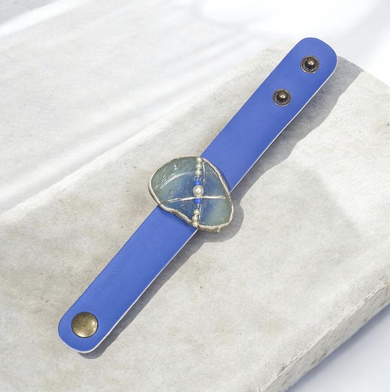 Cape Ann Bracelet Leather and Sea Glass Blue Band