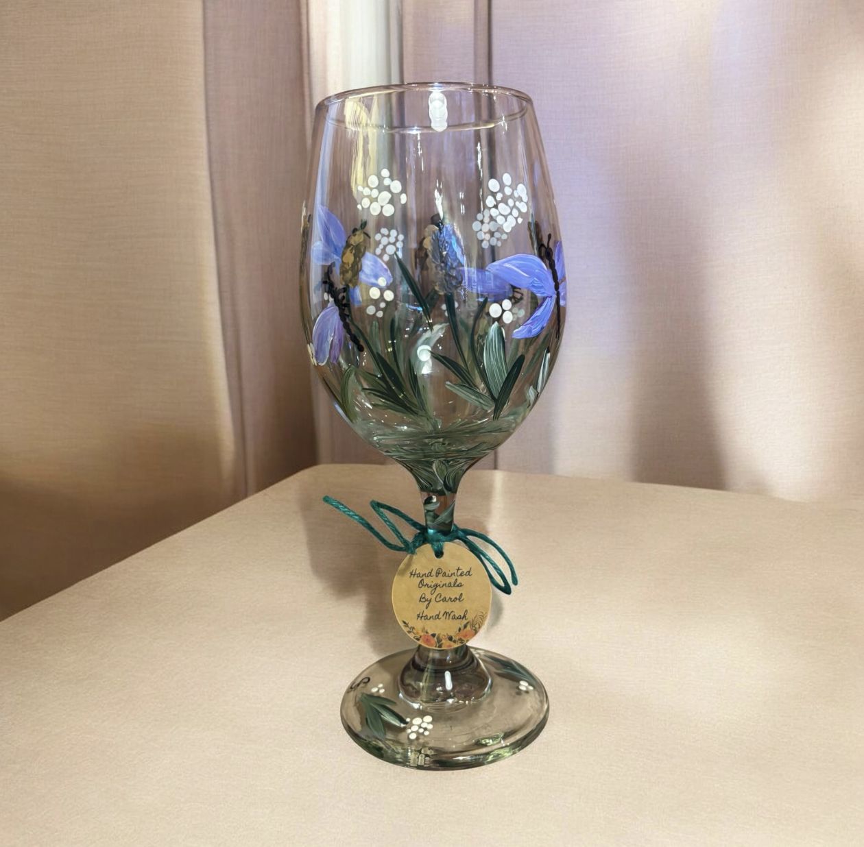 Snyder Hand Painted 20 oz Wine Glass Dragonfly in Cattails 2