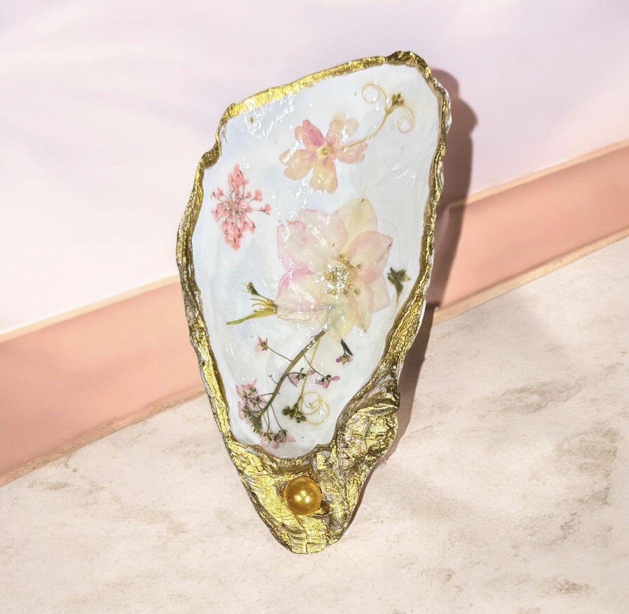 Wilson Oyster Shell Trinket Dish Pink Dried Flowers