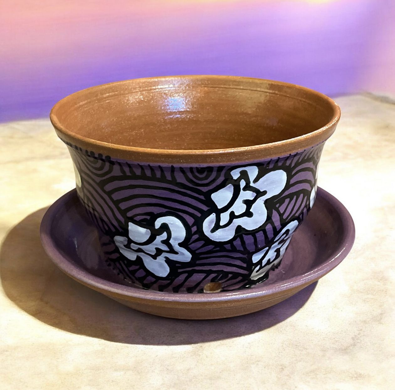 Okechukwu Large Planter with Drain Dish Purple and White