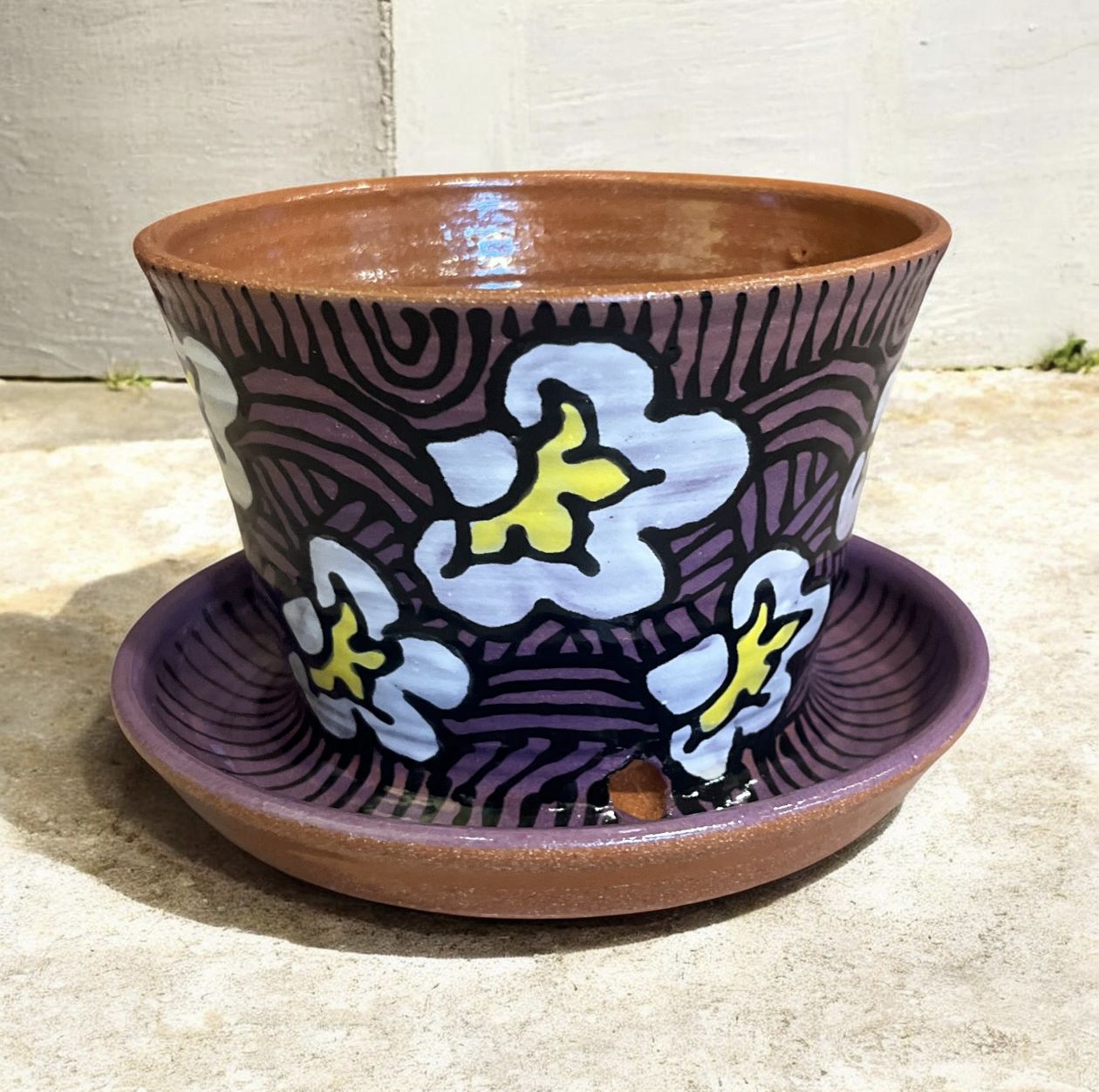 Okechukwu Large Planter with Drain Dish Purple with white and yellow 42