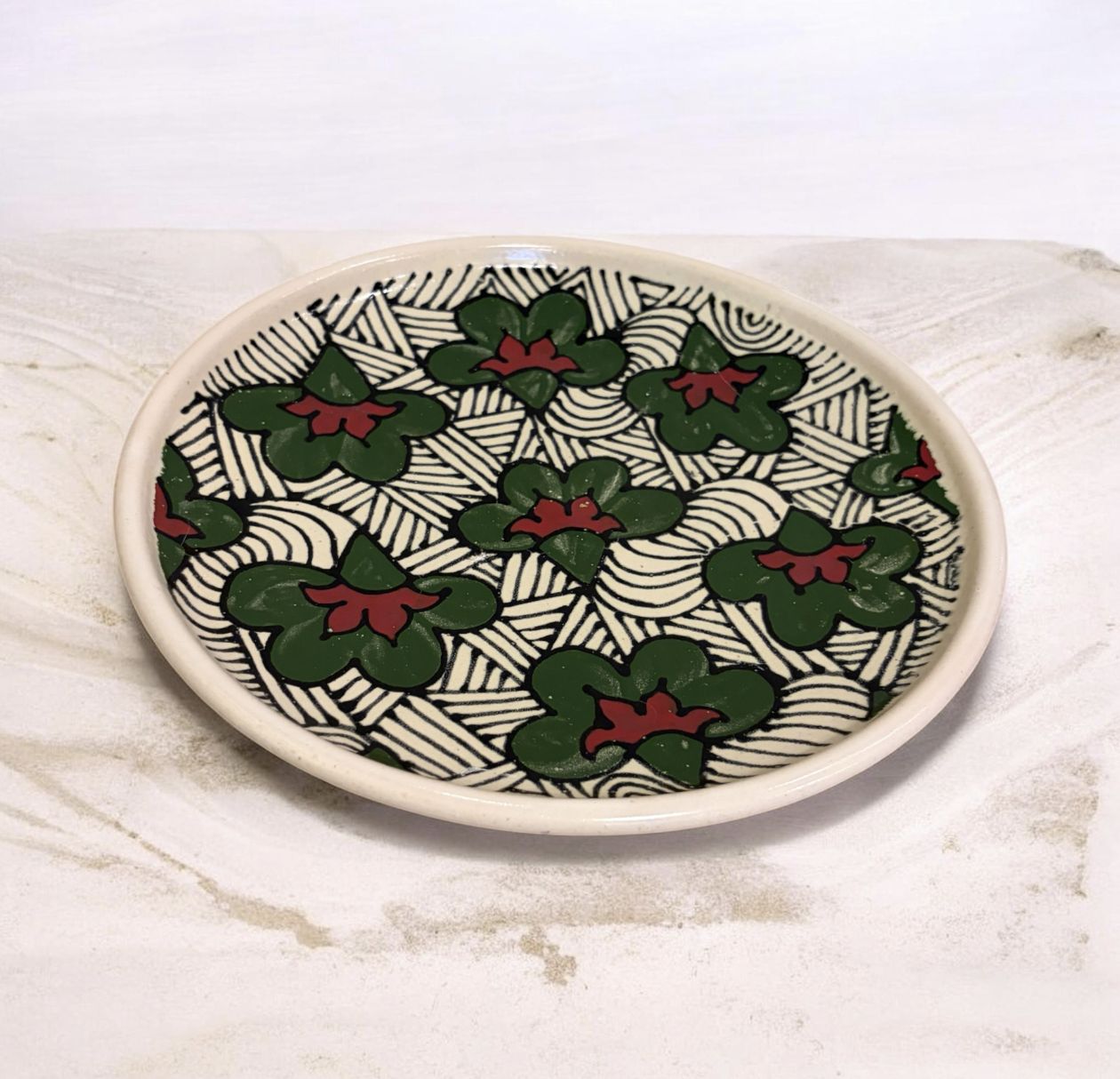 Okechukwu Large Deep Plate White with Green Flowers 20