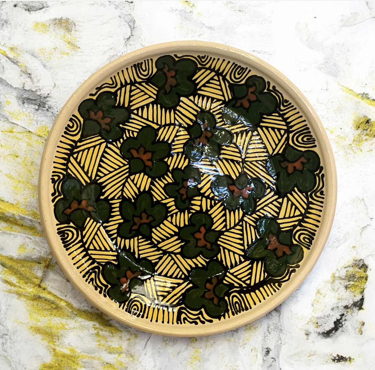 Okechukwu Extra Large Platter, Yellow with Green Flowers 17