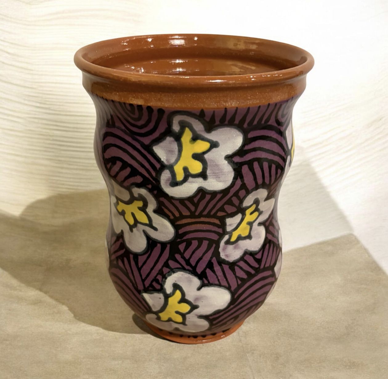 Okechukwu Large Crock or Flower Vase Purple and White Flowers 69
