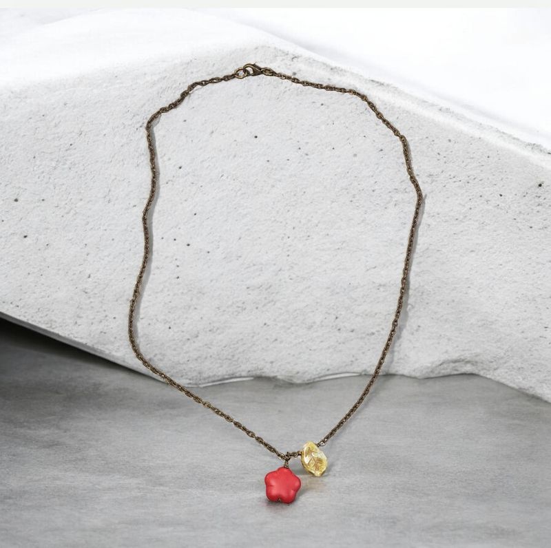 Christina-Ann Necklace Leaf and Red Flower Copper Chain