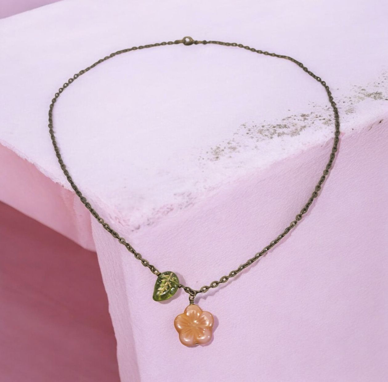 Christina-Ann Necklace Leaf and Pink Flower Copper Chain