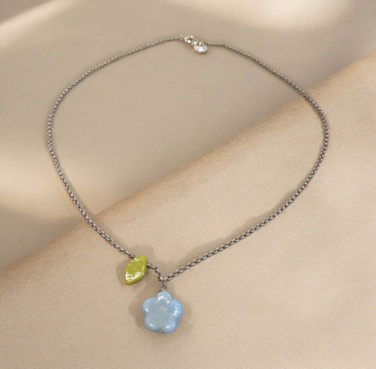 Christina-Ann Necklace Leaf and Blue Flower Silver Chain