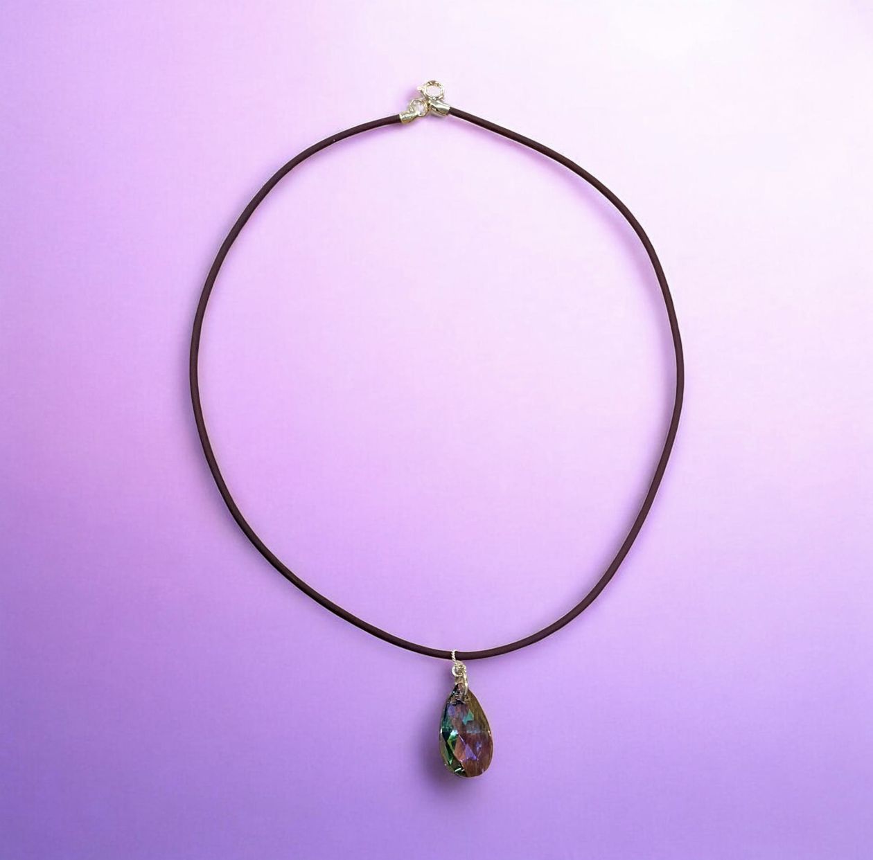 Christina-Ann Drop Crystal Pendant on Purple Rubber Cord