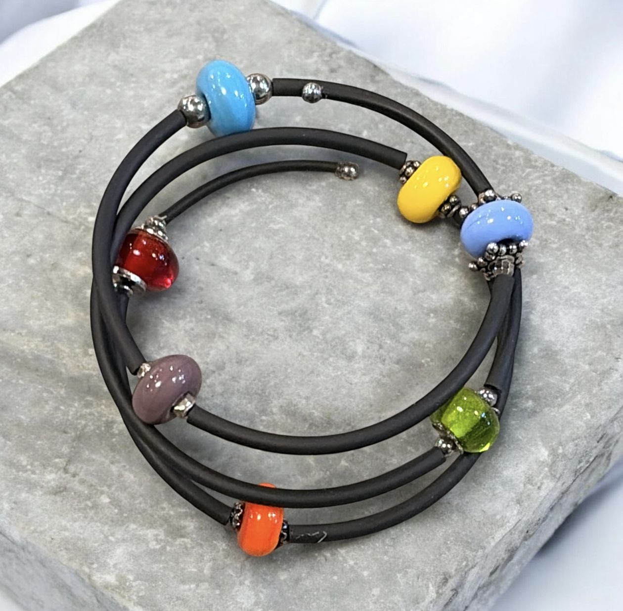 Christina-Ann Black Rubber Wrap Bracelet w/ Multicolored Glass Beads