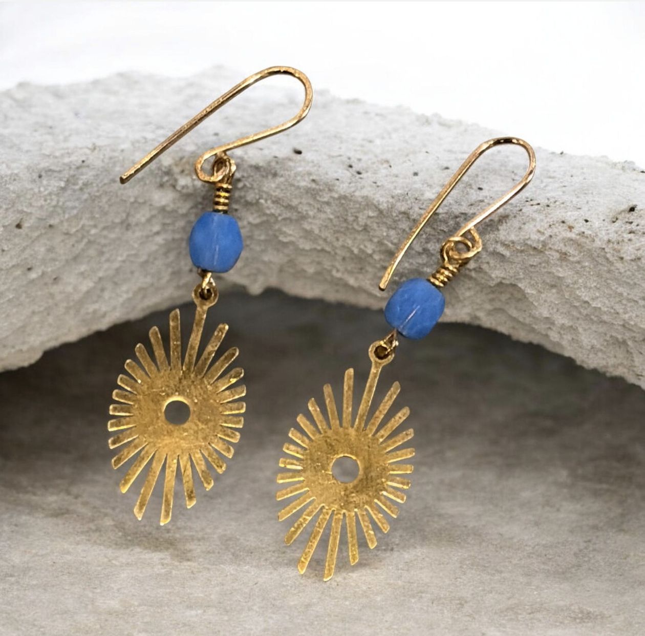 Sunshine Earrings Brass Elongated Sunburst with Blue Bead