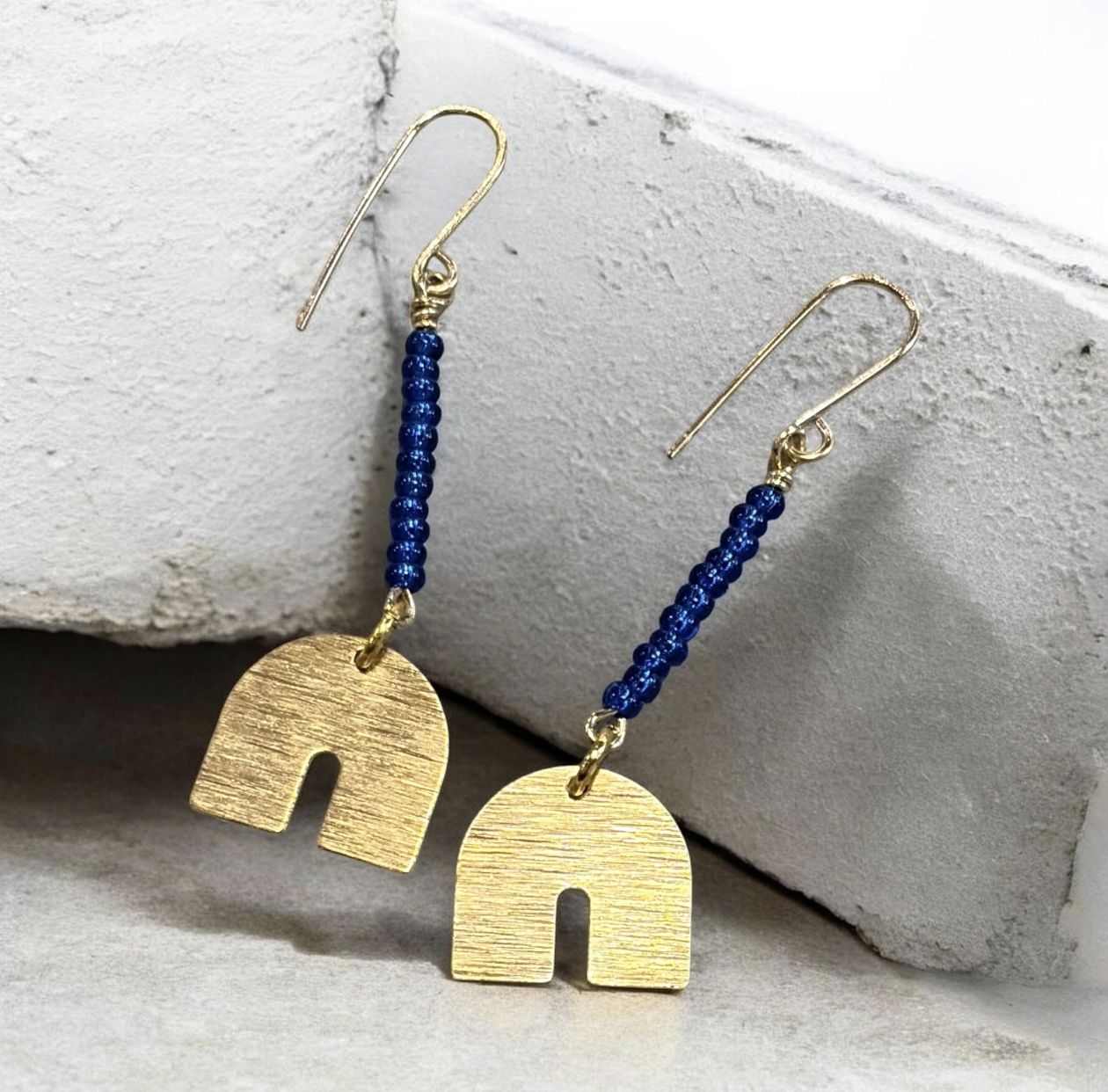 Sunshine Earrings Brass Half Wide Circle on Blue Beads