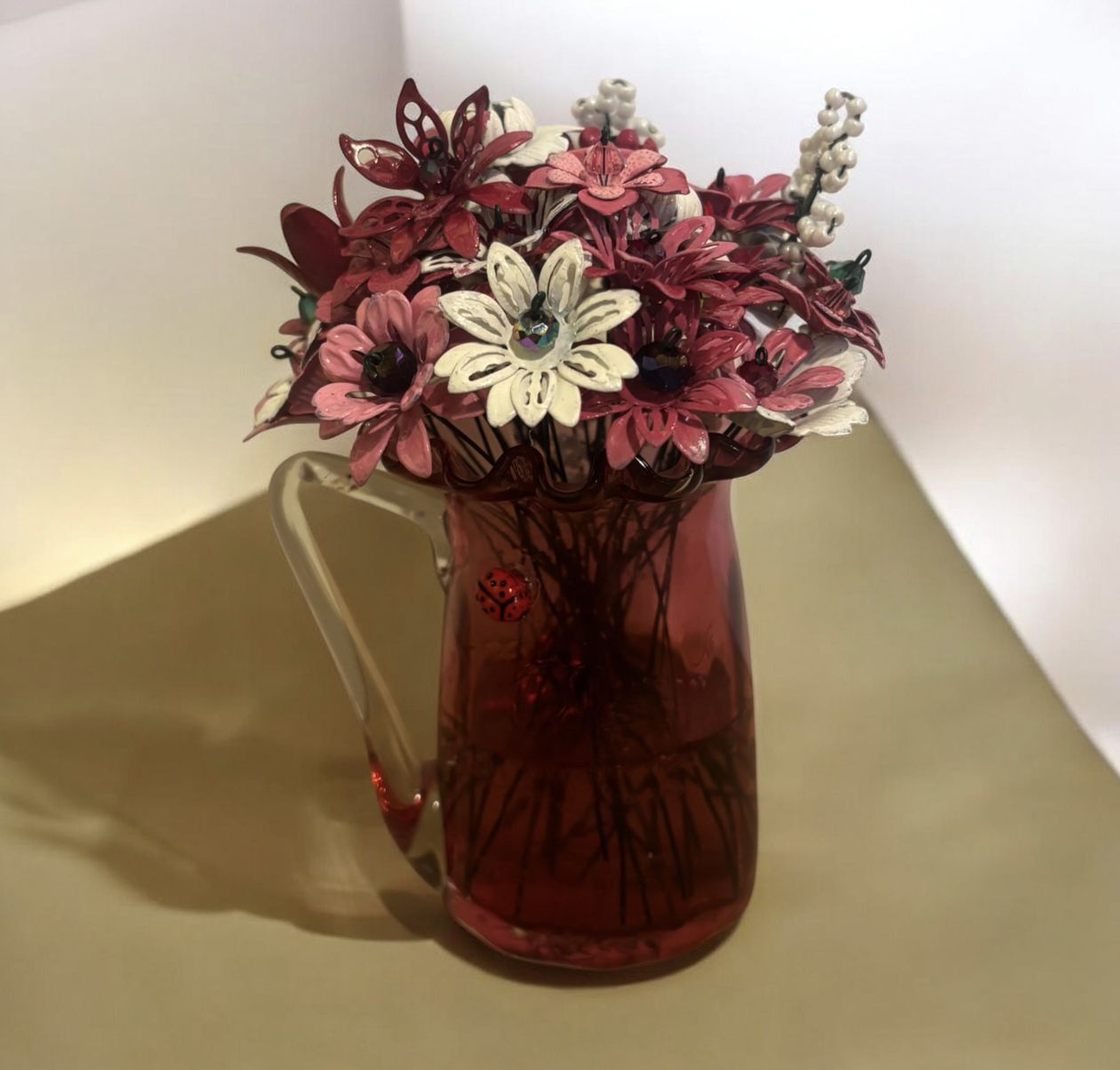 The Bling Lady Forever Flowers White and Pink in Cranberry Vase