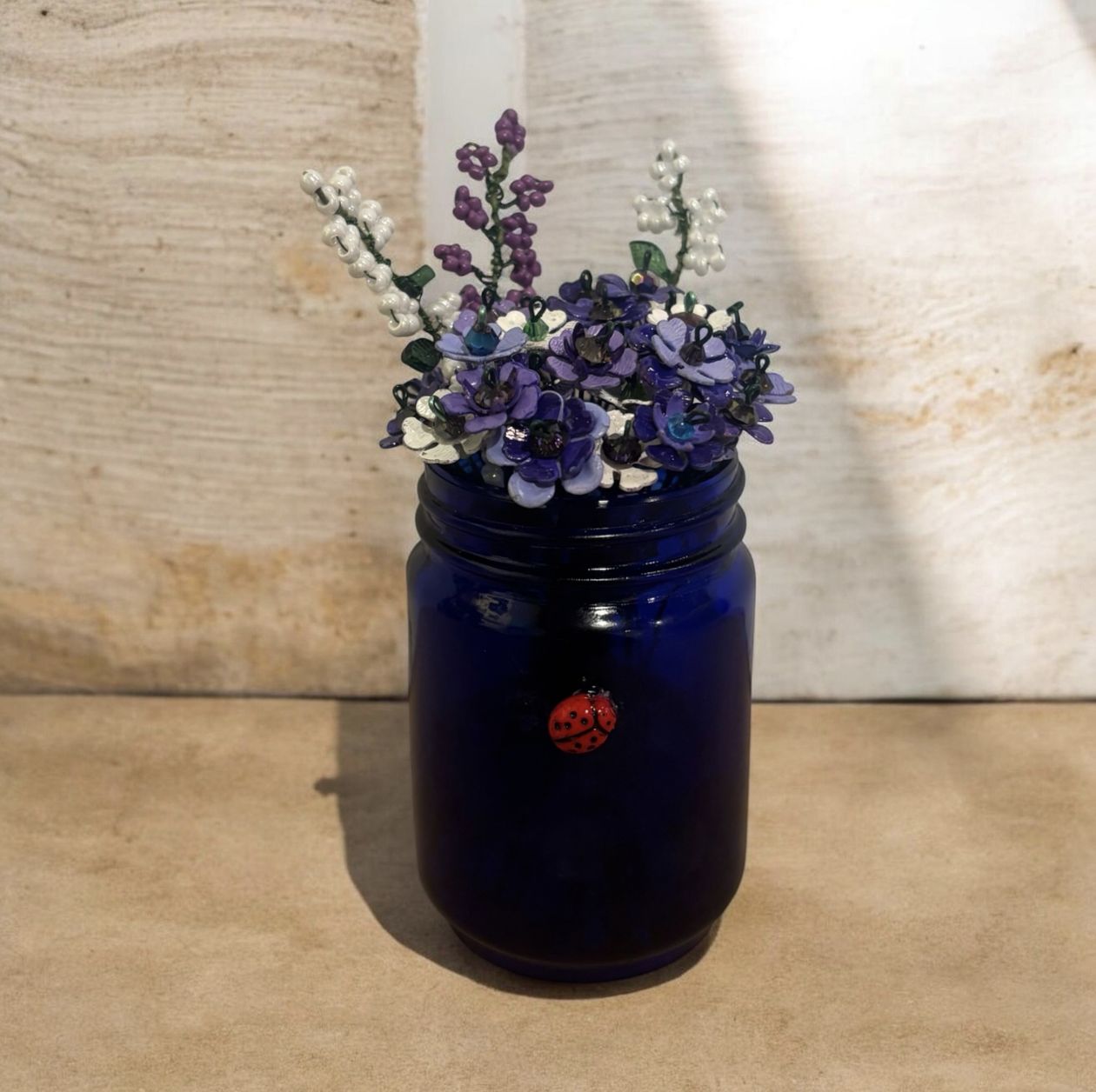 The Bling Lady Forever Purple and White Flowers in Cobalt Vase