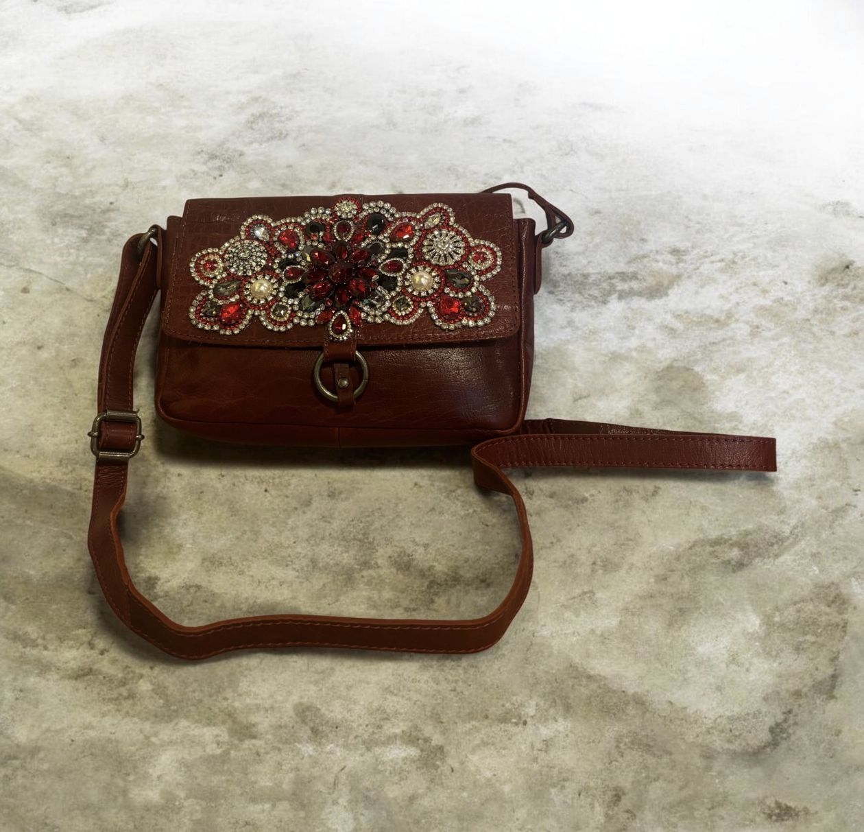The Bling Lady Burgundy Leather Purse Red/White Rhinestones