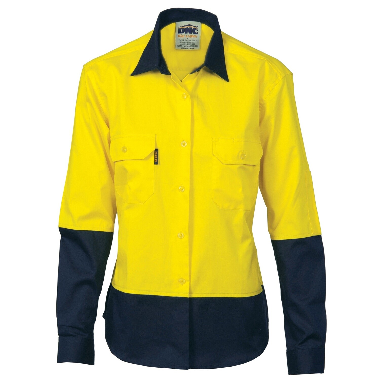 Ladies HiVis 2 Tone Cool-Breeze Cotton Shirt - Long Sleeve, Colour: Yellow/Navy, Size: 8