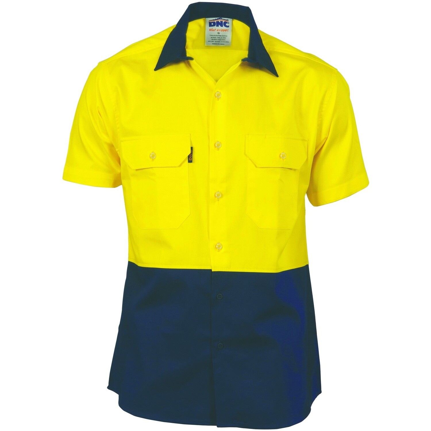 HiVis 2 Tone Cool-Breeze Cotton Shirt - Short Sleeve, Colour: Yellow/Navy, Size: S