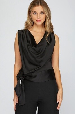 Sleeveless, Cowl Neck, Side Tied Top in Black